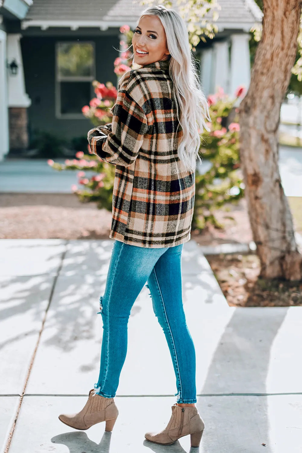 Orange Geometric Plaid Print Pocketed Shacket - Chic Meadow Boutique 