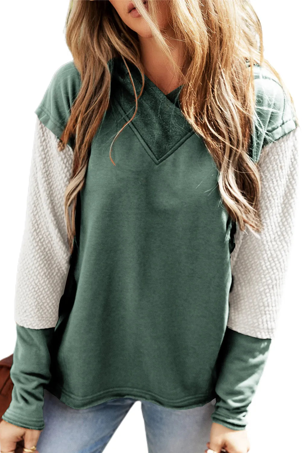 Tops/Sweatshirts & Hoodies Mist Green Contrast Sleeves Patchwork Colorblock Hoodie