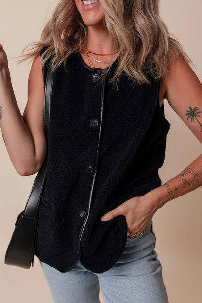 Black Leather Contrast Side Pockets Buttoned Fleece Vest - Chic Meadow Boutique 