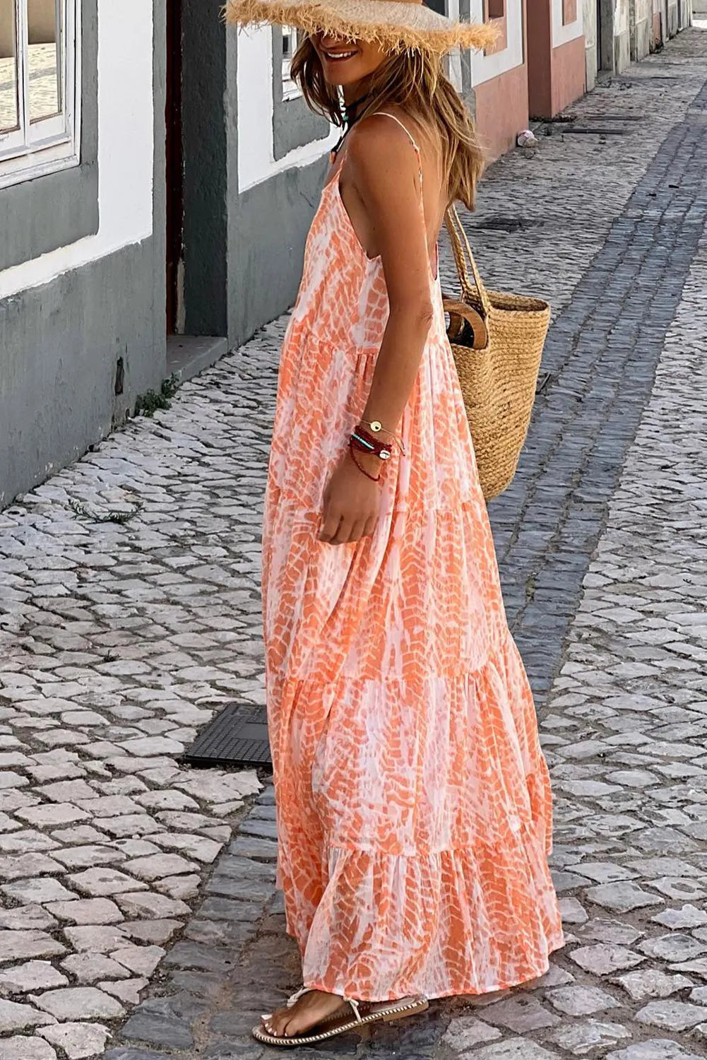 Orange Abstract Print Spaghetti Straps Backless Tiered Maxi Dress - Chic Meadow Boutique 