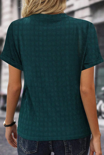 Sea Green Solid Textured Split Neck Short Sleeve Blouse - Chic Meadow Boutique 