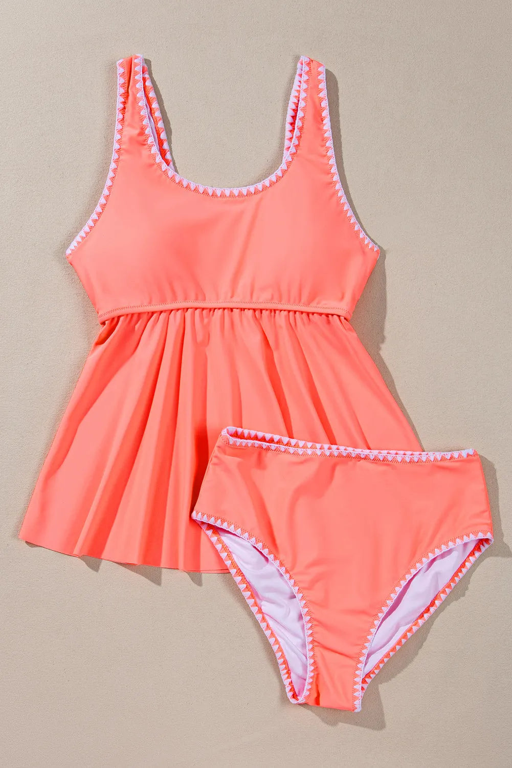 Fresh Salmon Contrast Trim Ruffled Peplum Top Tankini Swimsuit - Chic Meadow Boutique 