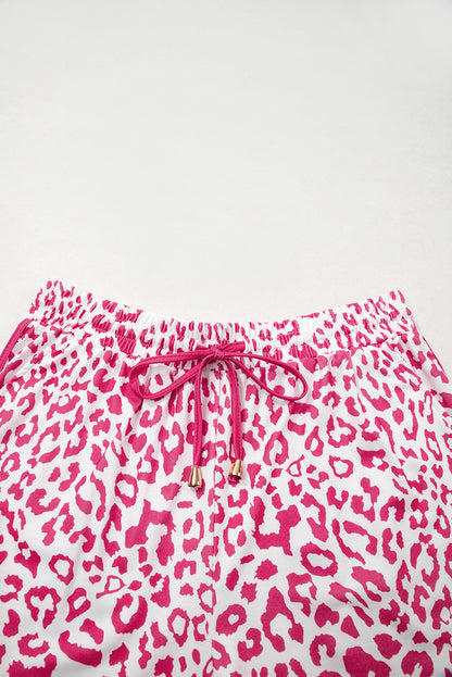Pink Leopard Elastic Waist Lace up Contrast Trim Casual Shorts