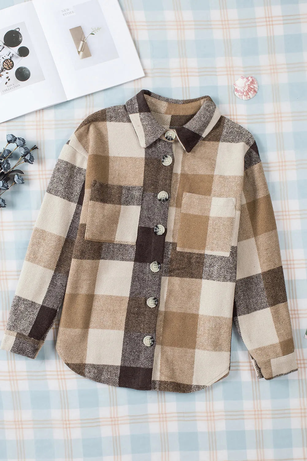 Khaki Plaid Color Block Buttoned Long Sleeve Jacket with Pocket - Chic Meadow Boutique 