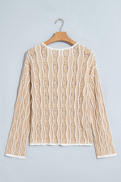 Khaki Wavy Detail Hollow Out Knit Long Sleeve Cotton Pullover Sweater
