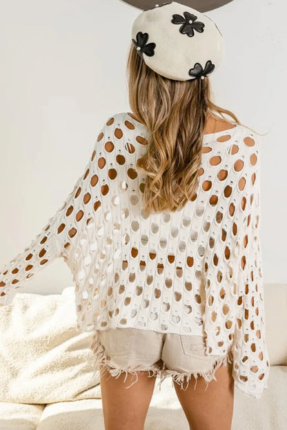 Beige Hollow-out Eyelet Knit Sweater - Chic Meadow Boutique 