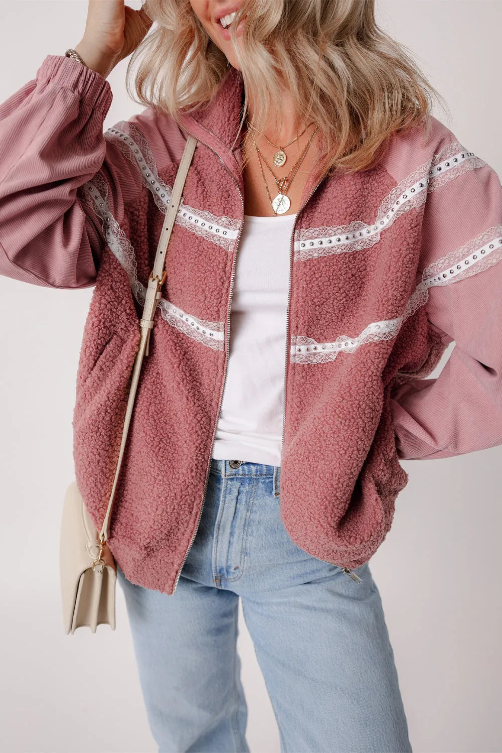 Rose Pink Sherpa Patchwork Lace Elastic Cuff Zip Up Jacket - Chic Meadow Boutique 