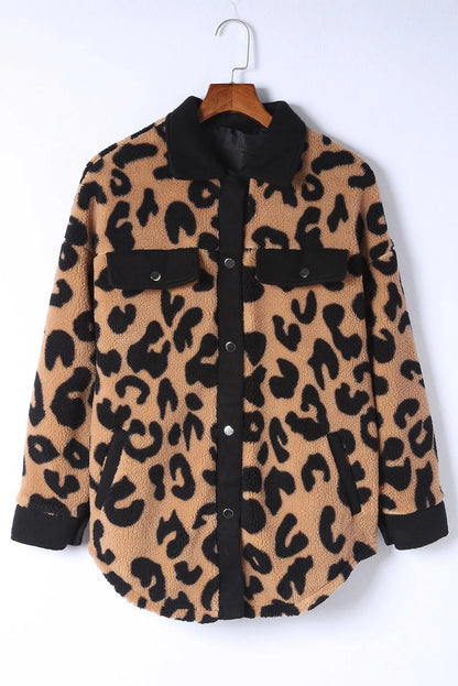 Black Contrast Trimmed Leopard Teddy Shacket - Chic Meadow Boutique 