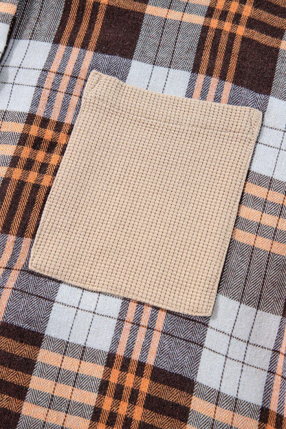 Outerwear/Plaid Shackets Khaki Thermal Knit Plaid Patchwork Shacket