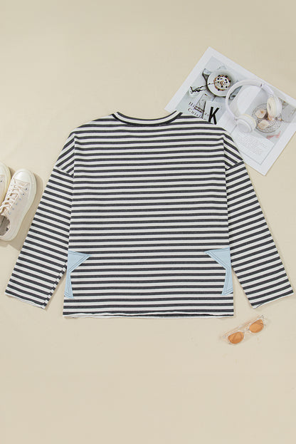 Gray Stripe Contrast Star Stitched Plus Size Long Sleeve Top
