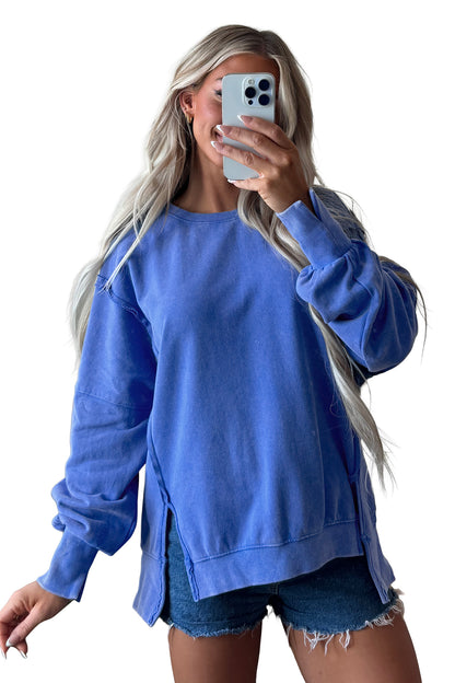 Sky Blue Mineral Wash Split Hem Loose Tunic Sweatshirt