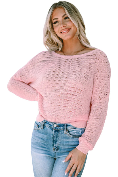 Pink Knitted Eyelets Round Neck Long Sleeve Top - Chic Meadow Boutique 