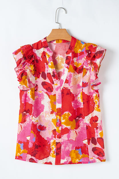 Red Abstract Print Split V Neck Ruffle Short Sleeve Blouse