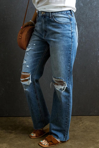 Bottoms/Jeans Light Blue Distressed Holes Raw Edge Straight Jeans