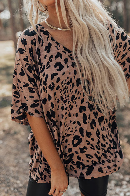 Brown Leopard Print V Neck Half Sleeve Oversized Tee