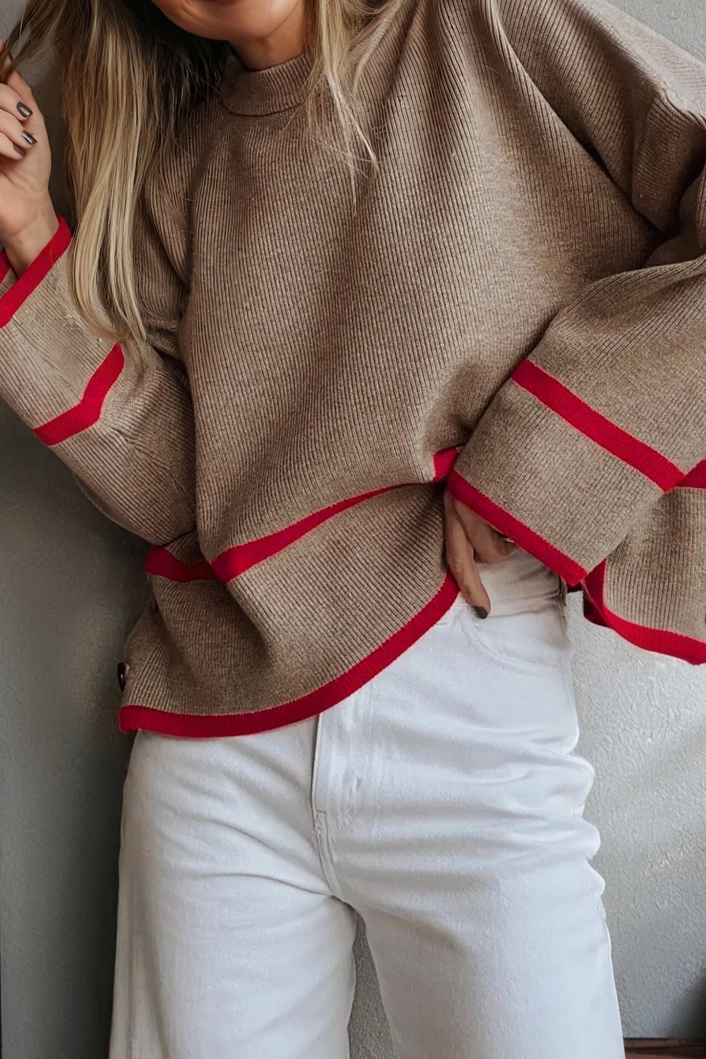 Simply Taupe Ribbed Knit Contrasted Stripe Detail Button Side Loose Sweater