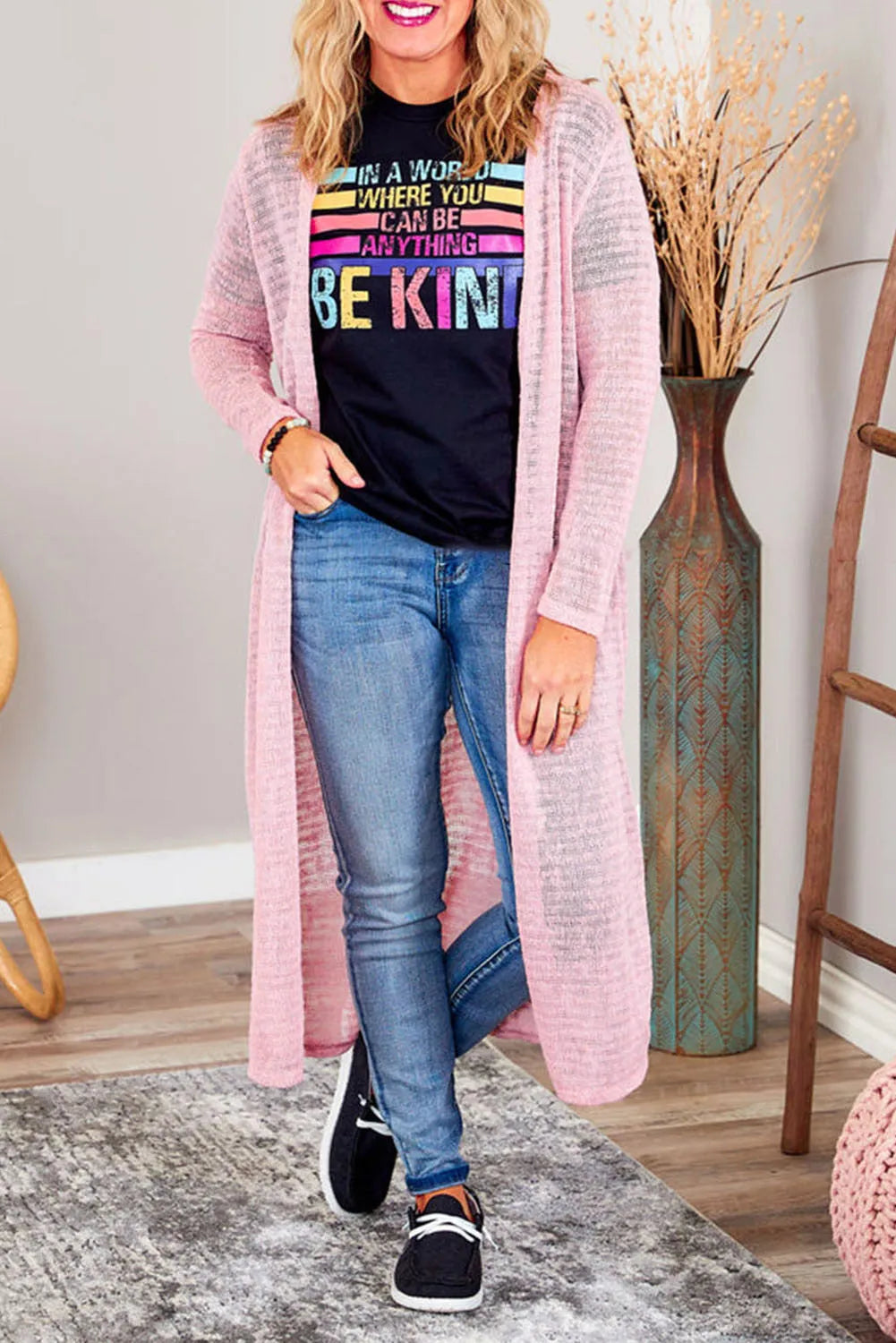 Pink Sheer Knitted Long Side Slit Plus Size Cardigan - Chic Meadow Boutique 