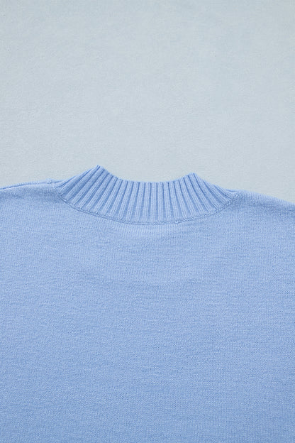 Beau Blue Solid Color Ribbed Trim Round Neck Ruffle Short Sleeve Sweater