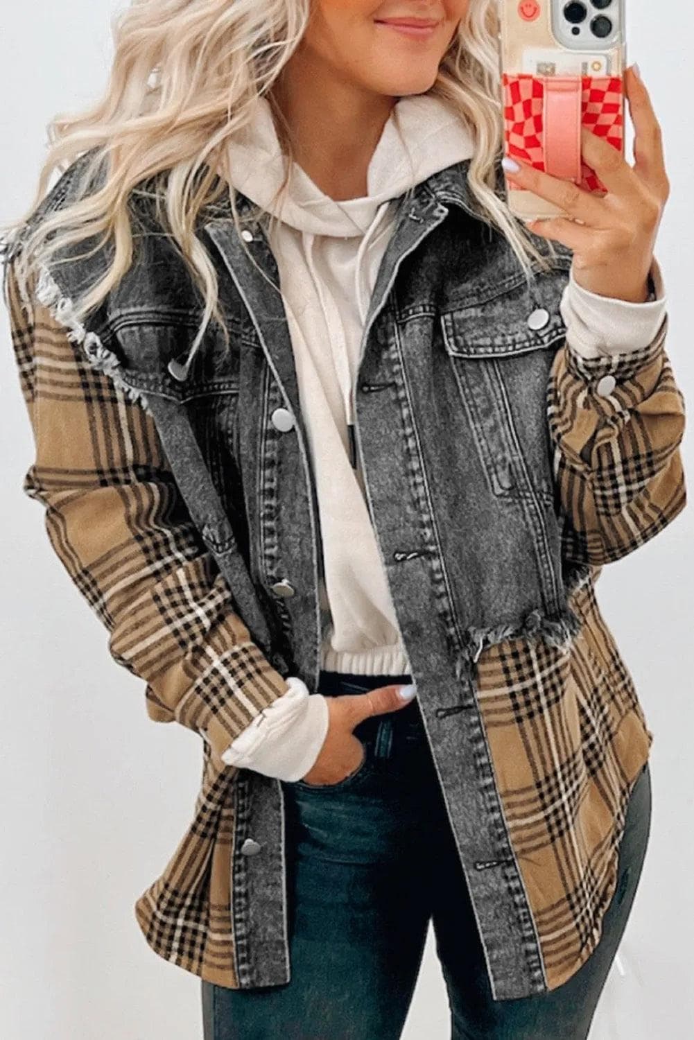 Outerwear/Denim jackets Medium Grey / S / 83%Cotton+17%Polyester Medium Grey Plaid Patch Distressed Flap Pocket Denim Shacket