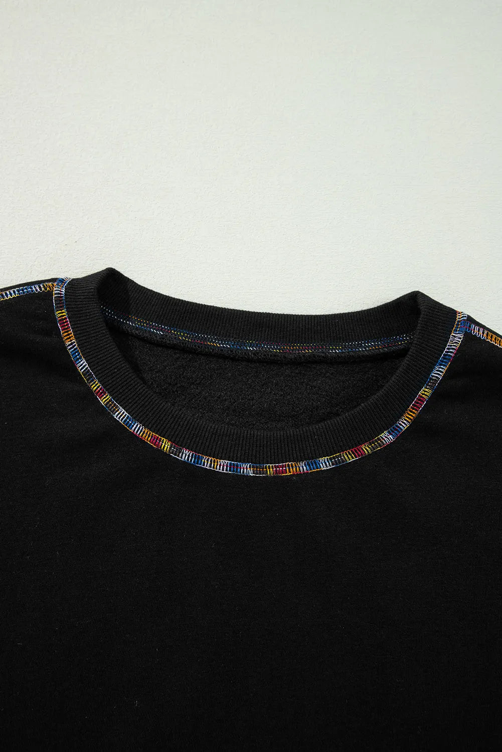 Black Contrast Rainbow Trim Drop Shoulder Pullover Sweatshirt - Chic Meadow Boutique 