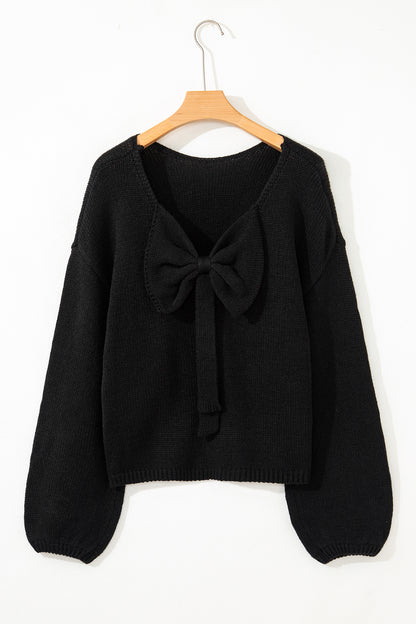 Black Festive Bow Backless Bubble Sleeve Sweater