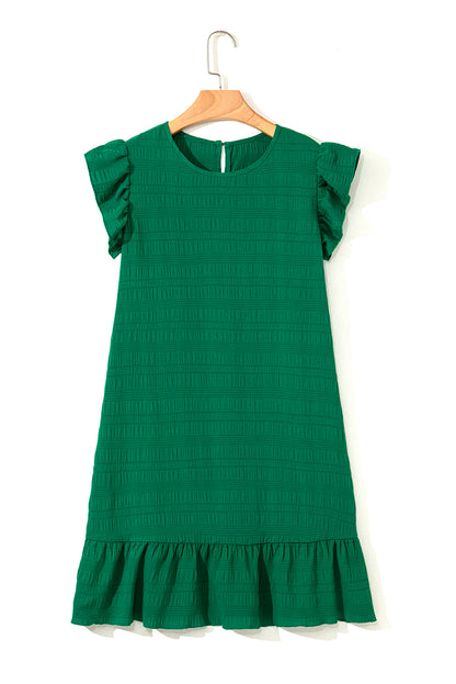 Dark Green Textured Flutter Sleeve Ruffled Mini Dress