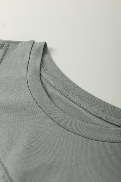 Medium Grey Solid Color Toothpick Stripe Round Neck T Shirt