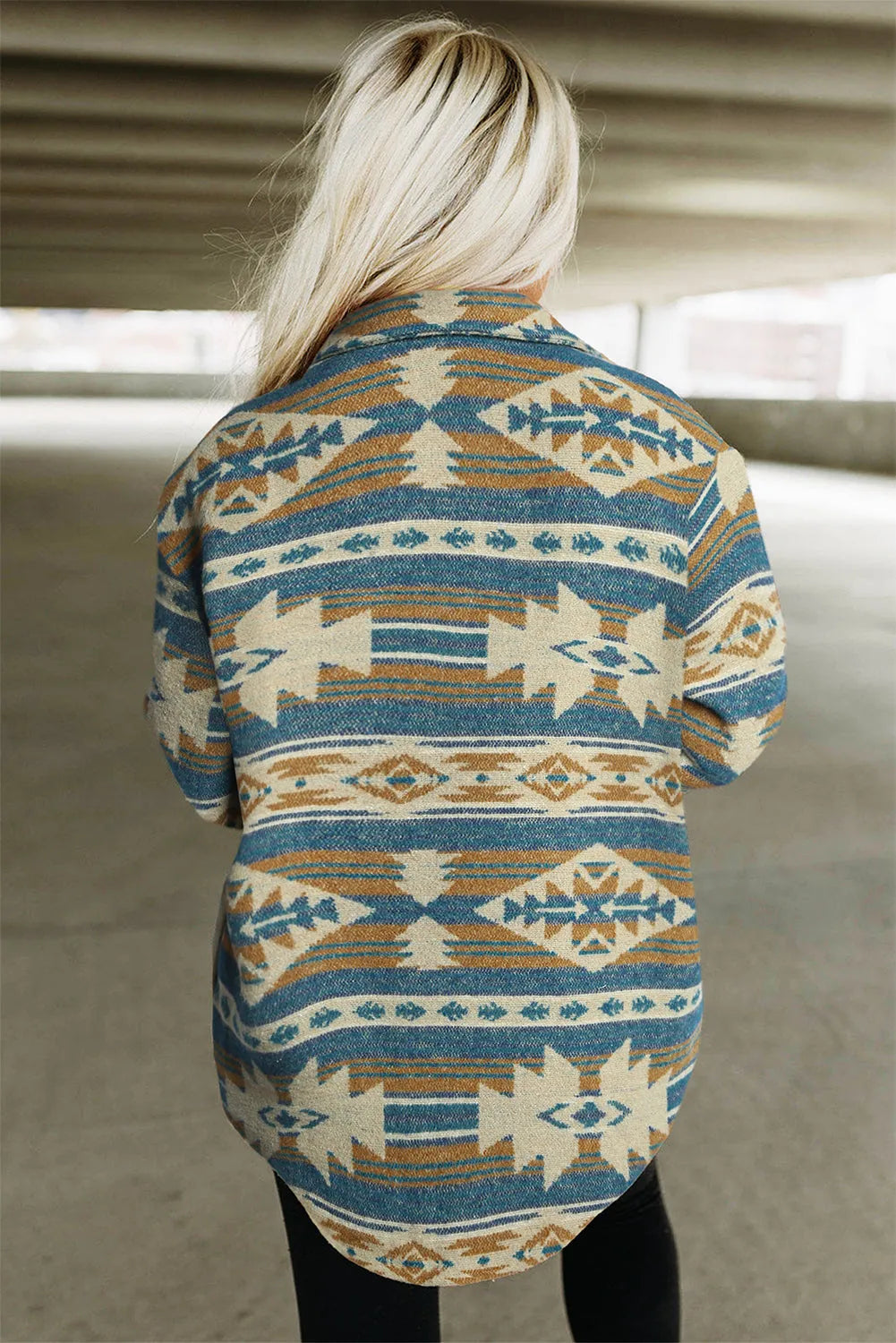 Blue Western Aztec Print Button Flap Pocket Shacket - Chic Meadow Boutique 