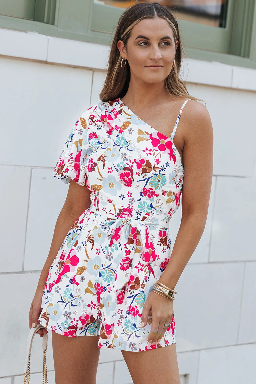 White Floral Single Bubble Sleeve Slant Shoulder Romper - Chic Meadow Boutique 