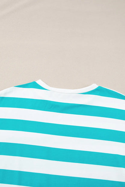 Blue Stripe Contrast Patch Pocket Drop Sleeve T Shirt - Chic Meadow Boutique 