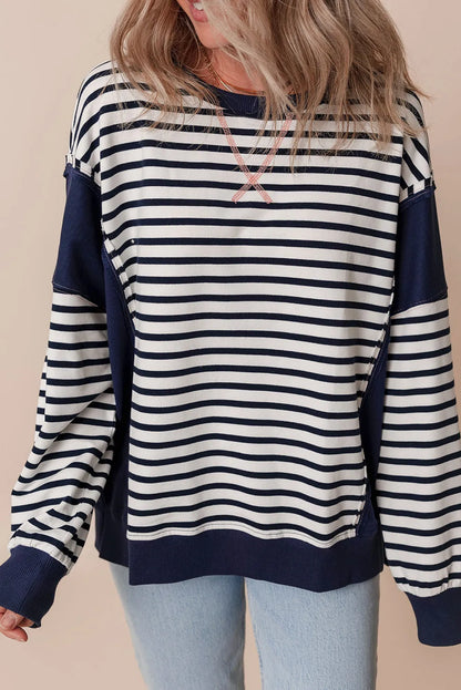 White Stripe Color Block Exposed Seam Loose Fit Sweatshirt - Chic Meadow Boutique 