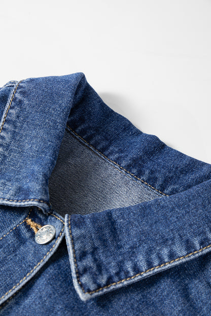 Dusk Blue Color Block Patchwork Flap Detail Distress Denim Jacket