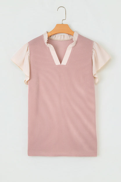 Fushia Plus Size Contrast Frilled Neckline Ruffled Short Sleeve Ribbed Textured Blouse