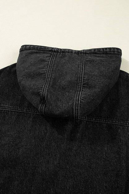 Black Big Chest Pocket Drop Shoulder Hooded Denim Jacket