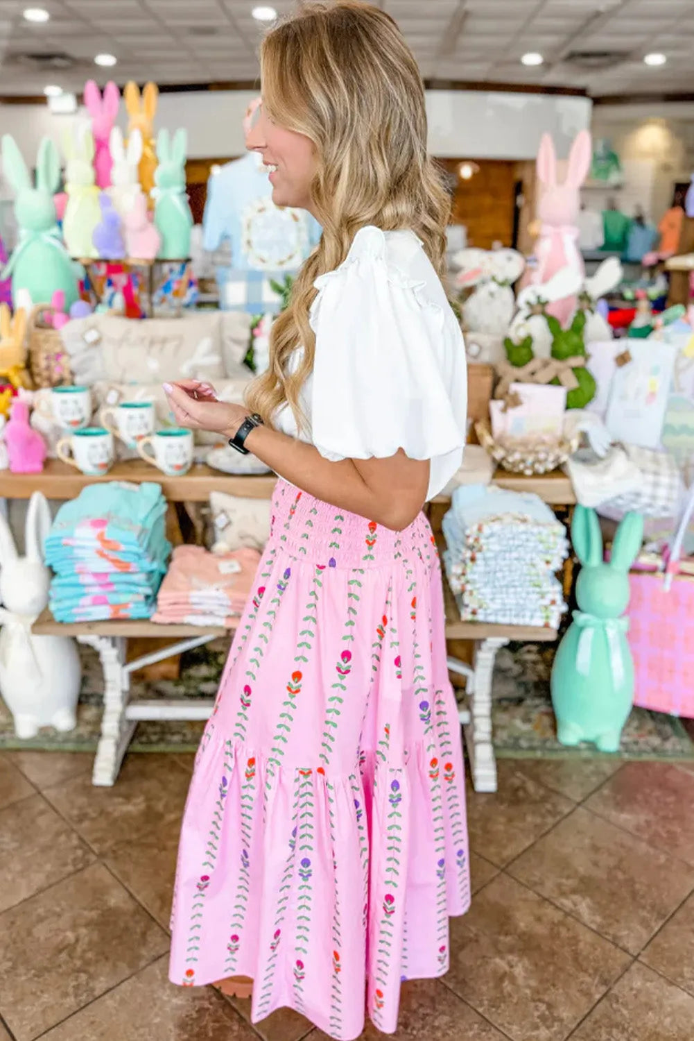 Pink Printed Smocked Tiered Maxi Skirt - Chic Meadow Boutique 