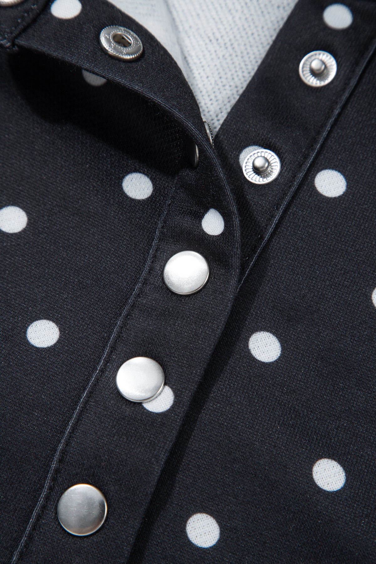 Black Polka Dot Print Metal Button Collar Casual Pullover Sweatshirt