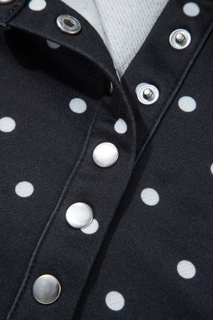 Black Polka Dot Print Metal Button Collar Casual Pullover Sweatshirt