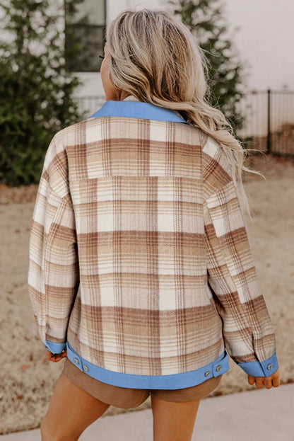 Light French Beige Plaid Patchwork Flap Detail Button Up Shacket - Chic Meadow Boutique 