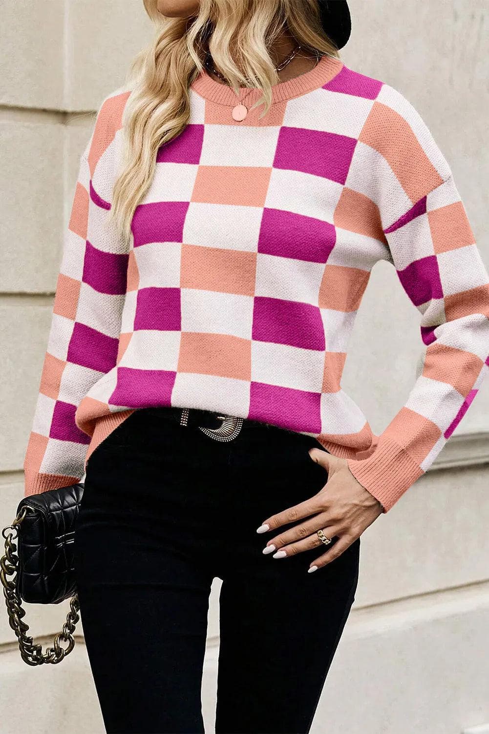 Sweaters & Cardigans/Sweaters Pink Checkered Ribbed Edge O Neck Drop Shoulder Sweater