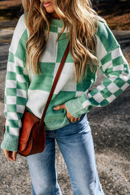 Tops/Sweaters & Cardigans Mint Green / S / 100%Acrylic Mint Green Checkered Print Drop Shoulder Sweater