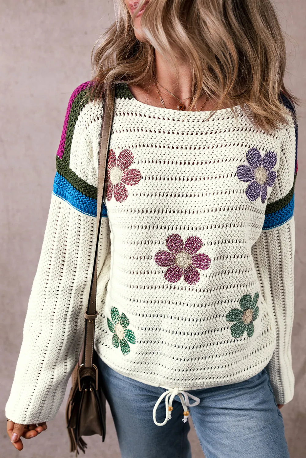 White Daisy Flower Pointelle Knit Sweater - Chic Meadow Boutique 