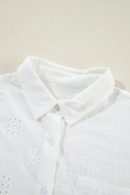 White Broidered Anglaise Crinkle Loose Shirt - Chic Meadow Boutique 