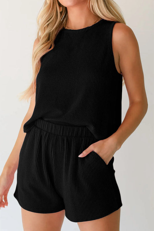 Black Corded Sleeveless Top and Pocketed Shorts Set - Chic Meadow Boutique 