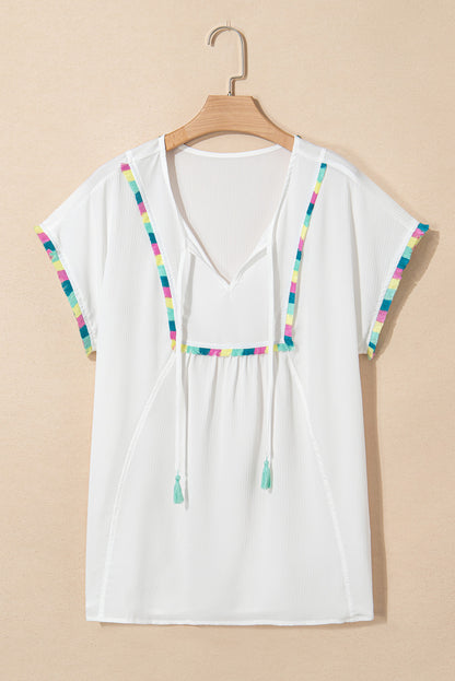 White Colorful Fringed Detail Tassel Tie Neck Short Sleeve Blouse