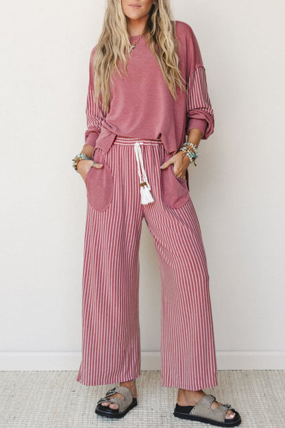 Fushia Raw Seam Patchwork Long Sleeve Top Pocket Casual Pants 2pcs Set