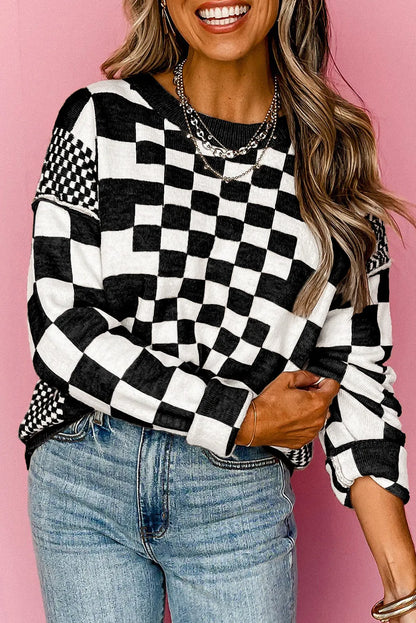 Black Checkered Print Drop Shoulder Round Neck Sweater - Chic Meadow Boutique 