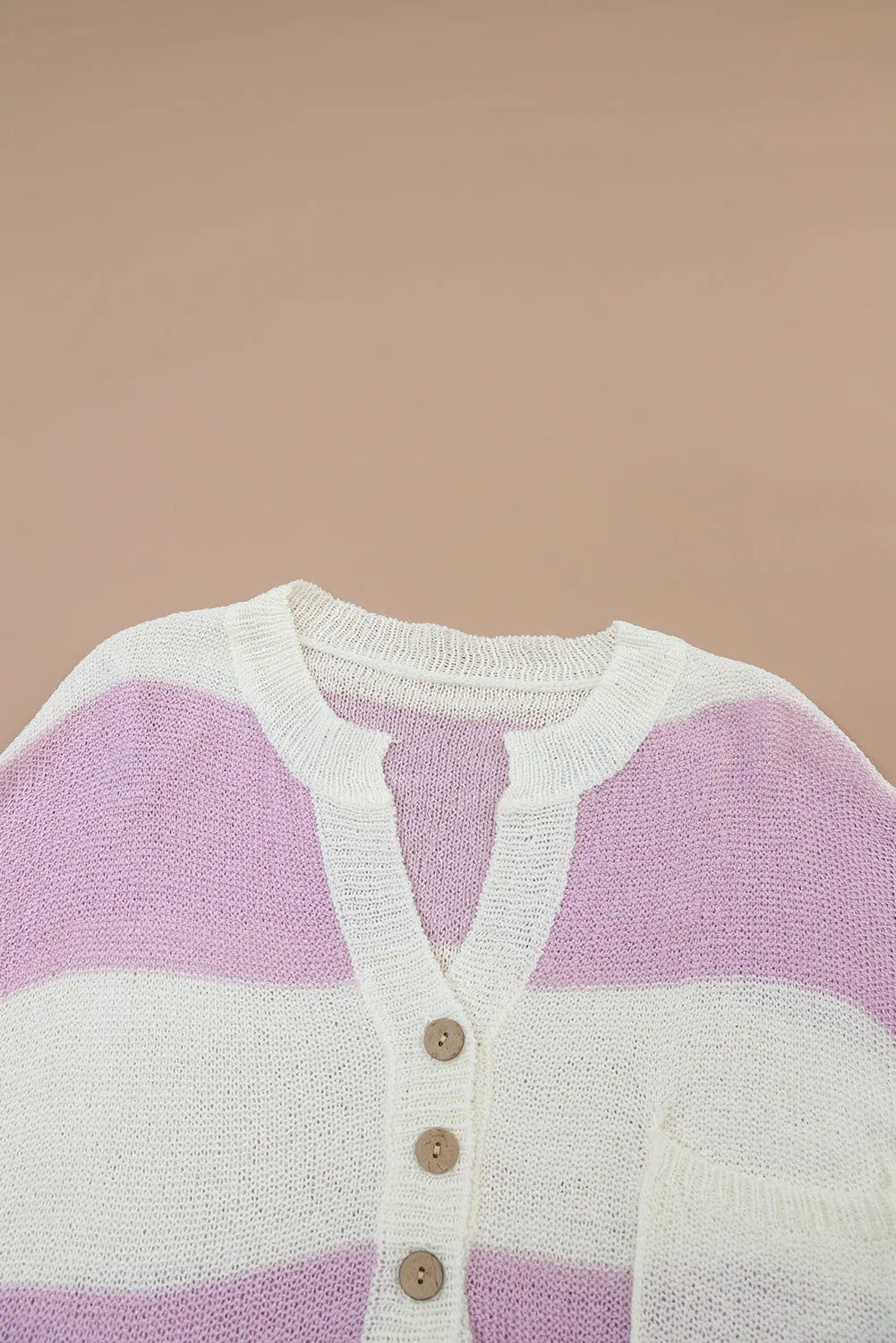 Pink Striped Knit Button Ribbed Split Neck Sweater - Chic Meadow Boutique 