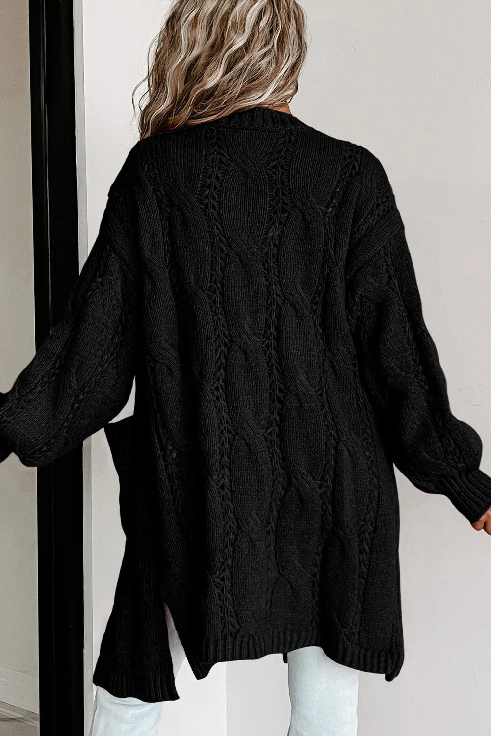 Black Ribbed Trim Eyelet Cable Knit Cardigan - Chic Meadow Boutique 