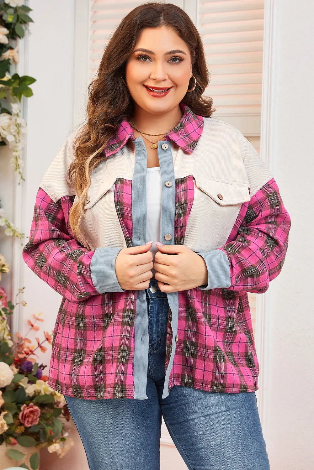 Red Plaid Print Waffle Knit Patchwork Plus Size Shirt - Chic Meadow Boutique 