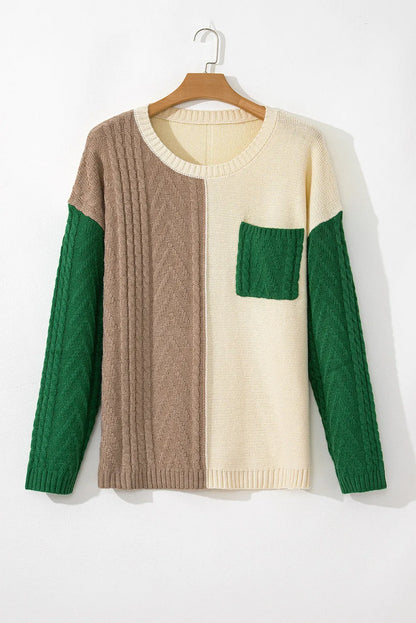 Mist Green Plus Size Cable Knit Color Block Drop Shoulder Sweater - Chic Meadow Boutique 